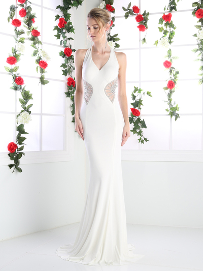 CD-CR743 Halter V-Neck Evening Dress with Side Cut Out - White, Front View Medium