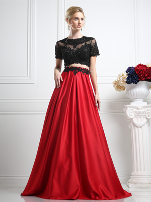 CD-CR747 Short Sleeve Embellished Top Formal Gown, Red Black