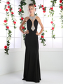 CD-CR751 Long Evening Dress with Plunging Neckline - Black, Front View Thumbnail