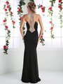 CD-CR751 Long Evening Dress with Plunging Neckline - Black, Back View Thumbnail