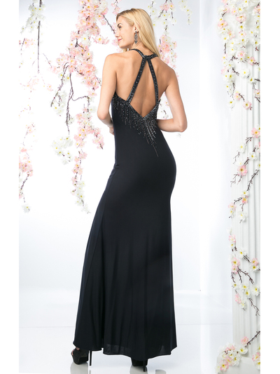 CD-J747 Halter Top  Evening Dress with Slit - Navy, Back View Medium