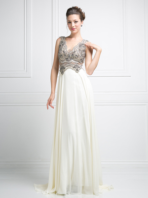 CD-J748 Illusion V-Neck Evening Dress with Sheer Back, Cream