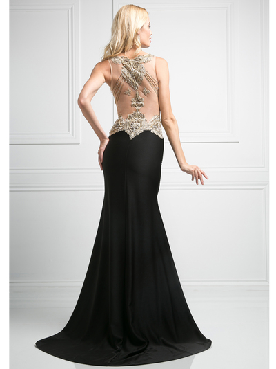 CD-J750 Sleeveless V-Neck Evening Dress with Slit - Black Gold, Back View Medium