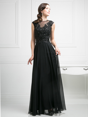 CD-J751 Sheer Neckline Embellished Evening Dress, Black
