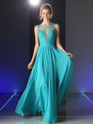 CD-J758 Flowing Chiffon Evening Dress with Illusion Bodice, Mint