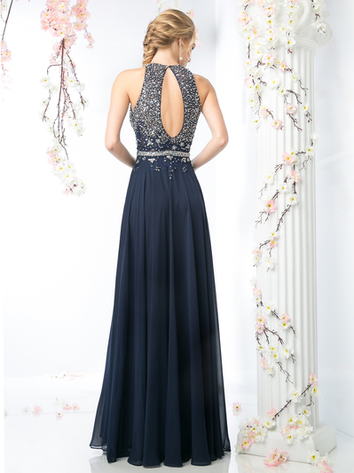 CD-JC3198 High Neck Beaded Top Prom Dress - Navy, Back View Medium