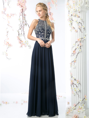 CD-JC3198 High Neck Beaded Top Prom Dress, Navy