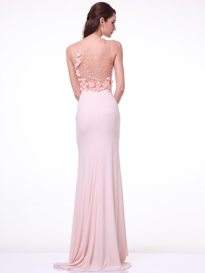 CD-JC4053 Illusion Rosette Evening Dress with Train - Peach, Back View Medium