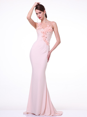 CD-JC4053 Illusion Rosette Evening Dress with Train, Peach