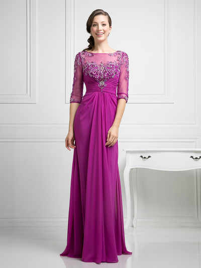 CD-JC4206 3/4 Length Sleeve Mother-of-the-Bride Dress - Purple, Front View Medium