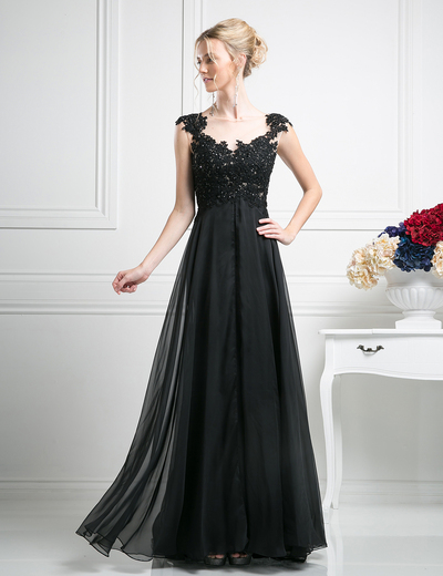 CD-JC931 A-line Evening Dress with Sheer Back - Black, Front View Medium