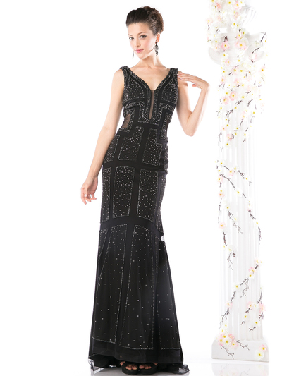 CD-KC002 Sleeveless V-neck Beaded Evening Dress  - Black, Front View Medium