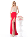CD-KD009 Sleeveless Illusion Embellished Evening Dress  - Red, Front View Thumbnail