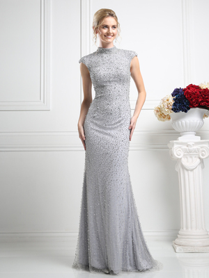 CD-KD085 Long Beaded Evening Dress , Silver