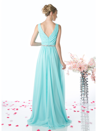 CD-W0014 Sleeveless Pleated Evening Dress with Belt - Aqua, Back View Medium
