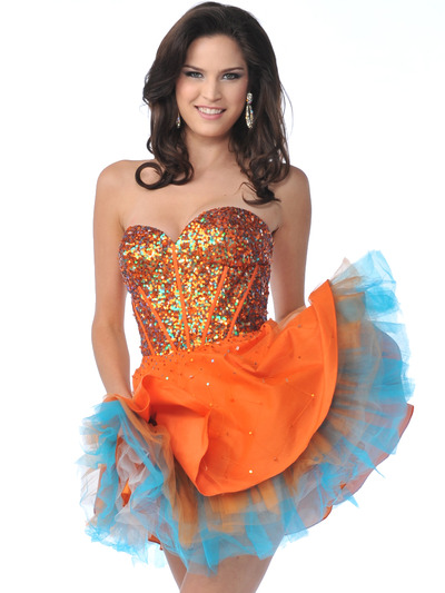 CD1818 Strapless Corset Sequin Top Short Prom Dress - Orange, Front View Medium