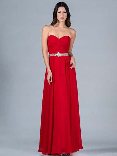 CJ87 Ruched Knotted Evening Dress - Red, Front View Medium