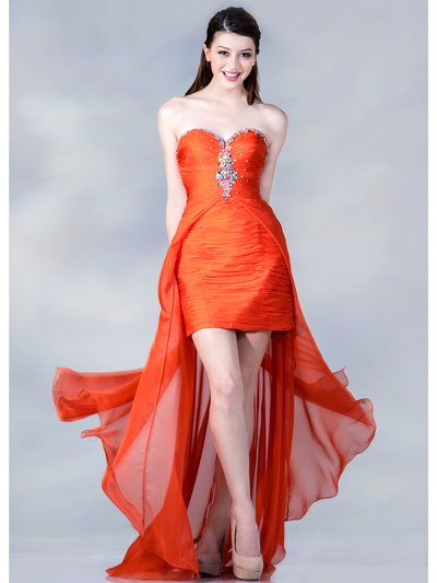 CJ88 Ruched Chiffon High Low Prom Dress - Tangerine, Front View Medium