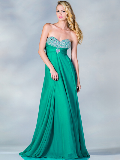CJ89 Empire Waist Chiffon Evening Dress with Jeweled Bust Top - Jade, Front View Medium