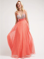 CJ93 Glamorous V-Neck Chiffon Gown - Coral, Front View Thumbnail