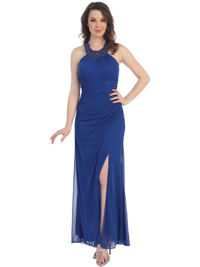 CN1278 Embellished Halter Neck Evening Dress - Royal Blue, Front View Medium