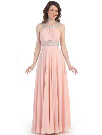 CN1313 Halter Neck Chiffon Evening Dress - Blush, Front View Medium