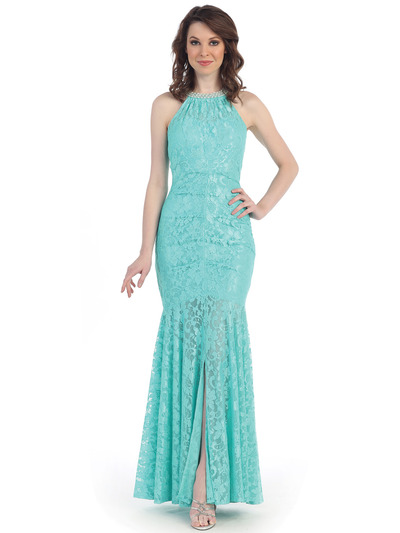 CN1394 Halter Neck Lace Mermaid Evening Dress  - Mint, Front View Medium