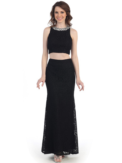 CN1405 Two Piece Lace Evening Dress - Black, Front View Medium