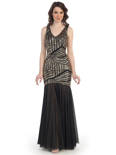 CN1412 Sequin Mermaid Formal Dress - Gold Black, Front View Medium