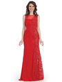 CN3010 Illusion Yoke Embroidery Evening Dress - Red, Front View Thumbnail