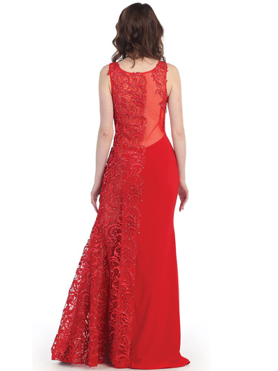 CN3010 Illusion Yoke Embroidery Evening Dress - Red, Back View Medium
