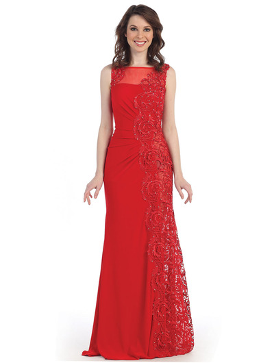 CN3010 Illusion Yoke Embroidery Evening Dress - Red, Front View Medium