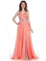 CN50317 Halter Lace Chiffon Evening Dress with Slit - Coral, Front View Thumbnail