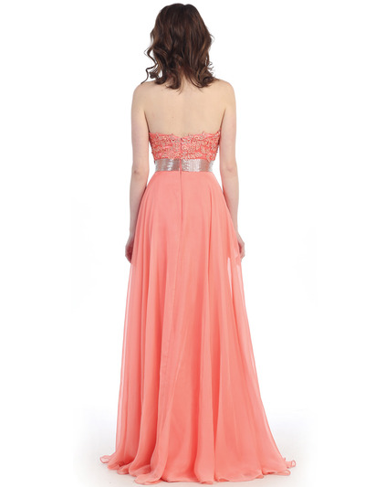 CN50317 Halter Lace Chiffon Evening Dress with Slit - Coral, Back View Medium