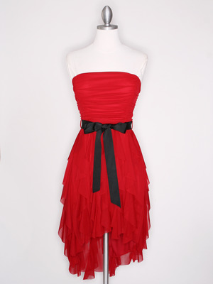 CP2211 Strapless Ruffel High Low Homecoming Dress with Sash , Red