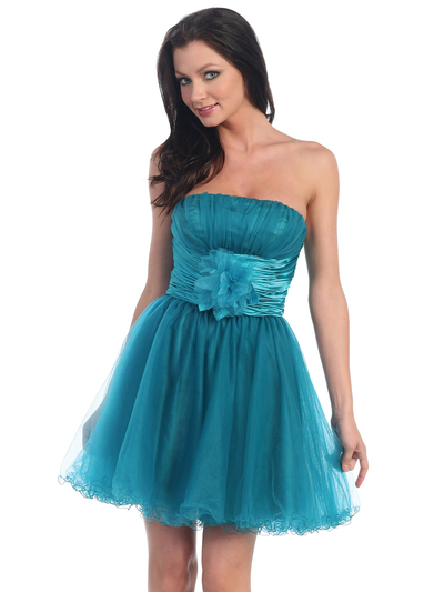 D8012 Strapless Floral Cocktail Dress - Teal, Front View Medium