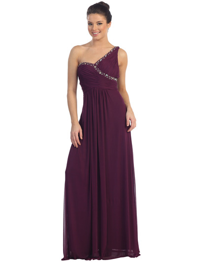 D8324 Beaded Trim One Shoulder  Evening Dress - Plum, Front View Medium