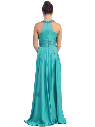 D8337 Satin Round Halter Evening Dress - Green, Back View Medium