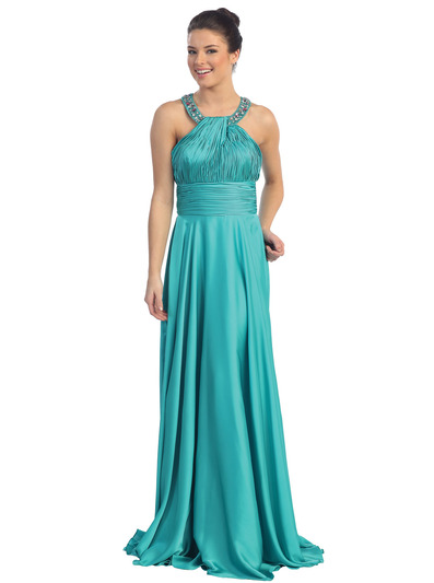 D8337 Satin Round Halter Evening Dress - Green, Front View Medium
