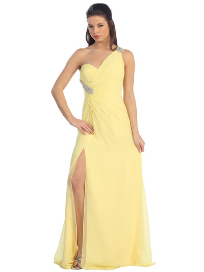 D8341 One Shoulder Jeweled Chiffon Evening Dress - Yellow, Front View Medium