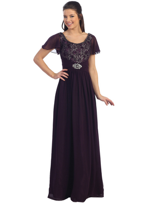 D8354 Floral Lace Chiffon Evening Dress, Eggplant