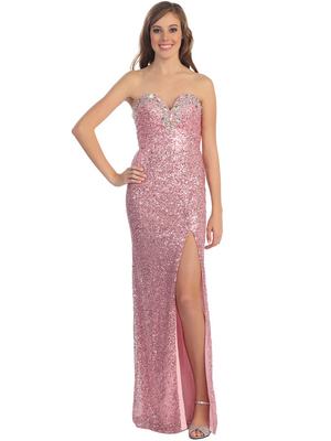 D8391 Strapless Sequin Evening Dress with Slit, Pink