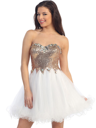 D8416 Sparkling Top Short Winter Formal Dress - Gold White, Front View Medium
