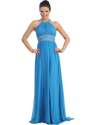 D8419 Chiffon Round Halter Evening Dress, Turquoise