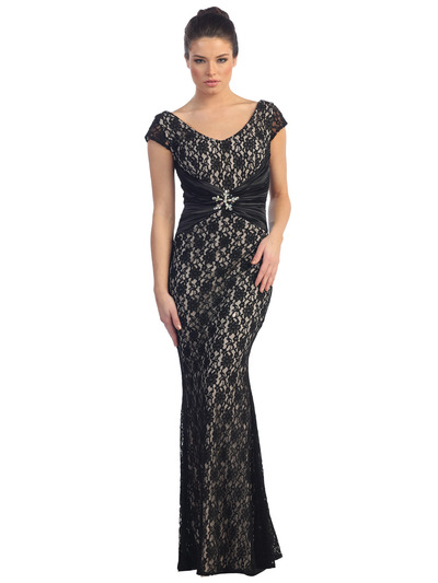 D8428 Mermaid Lace Evening Dress - Black Nude, Front View Medium