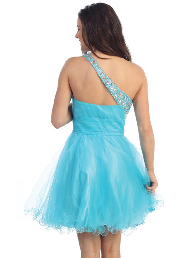 D8473 Jeweled One Shoulder Homecoming Dress - Light Blue, Back View Medium