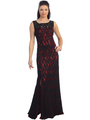 D8481 Lace Overlay Evening Dress - Black Red, Front View Thumbnail