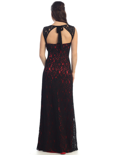 D8481 Lace Overlay Evening Dress - Black Red, Back View Medium