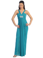 D8486 V-Neck Halter Evening Dress - Teal, Front View Thumbnail