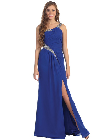 D8545 One Shoulder Evening Dress with Crisscross back.  - Royal Blue, Front View Medium